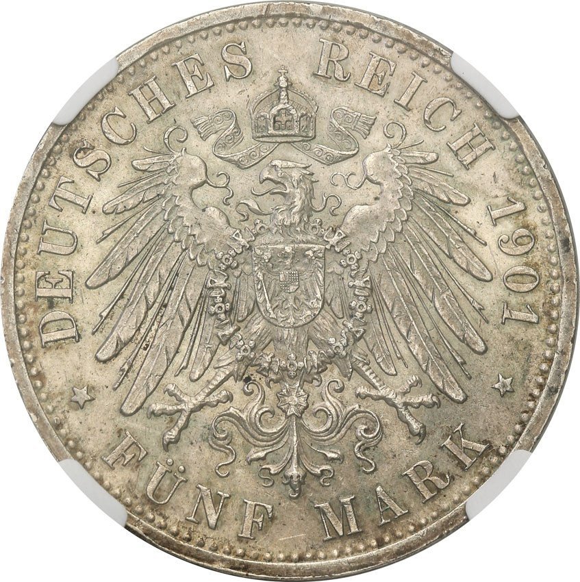 Niemcy, Sachsen, Altenburg. 5 Marek 1901 A, Berlin NGC AU58